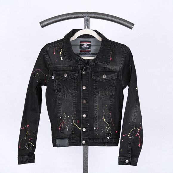 Vintage 90s Y2K Akademiks Women's Denim Jacket SMALL Paint Splatter Streetwear - Picture 1 of 7